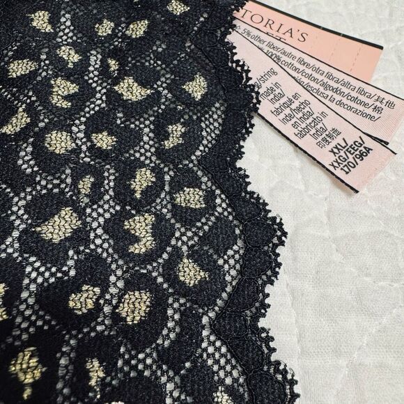 NWT (XXL) Victoria’s Secret Sparkly Black Lace Thong Panty Gold Shimmer Animal P - Picture 6 of 6